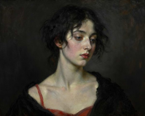 High-detail oil painting of a melancholic young woman