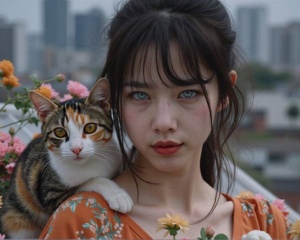 Young woman with calico cat in floral dress portrait