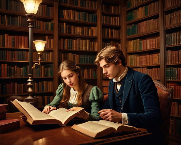 Young Woman and Man Reading in a Library Setting