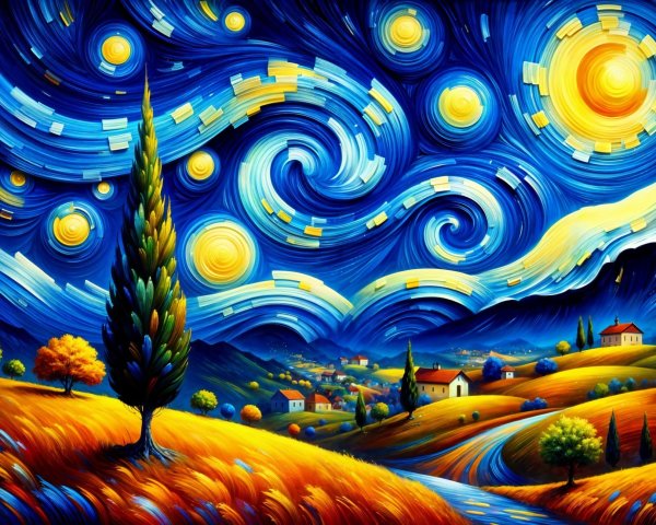 Vibrant Landscape with Swirling Night Sky and Moon