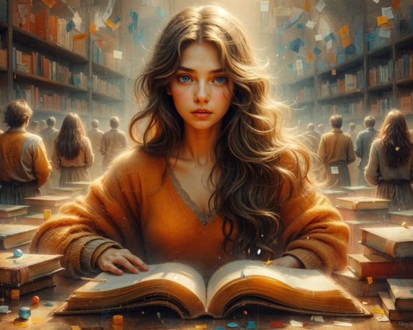 Young Woman Studying in Grand Library Setting