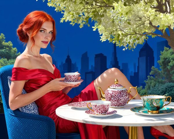 Elegant Woman in Red Gown with Tea Set in Armchair