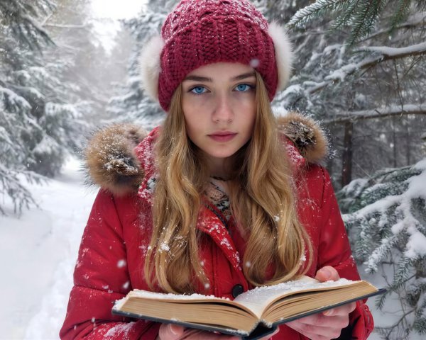 Young Woman in Snowy Forest with Open Book