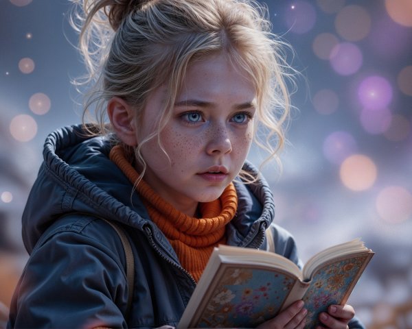 Young girl reading an illustrated book outdoors