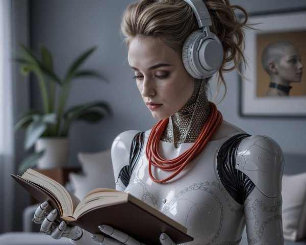 Futuristic humanoid robot reading in minimalist room