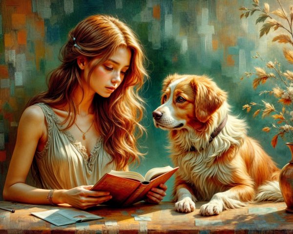 Young Woman Reading with Golden Retriever Companion