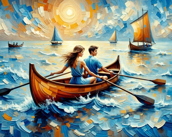 Couple in Rowboat Surrounded by Colorful Sailboats
