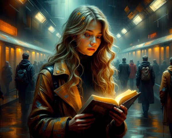 Young Woman Reading in Dim Subway Station Light