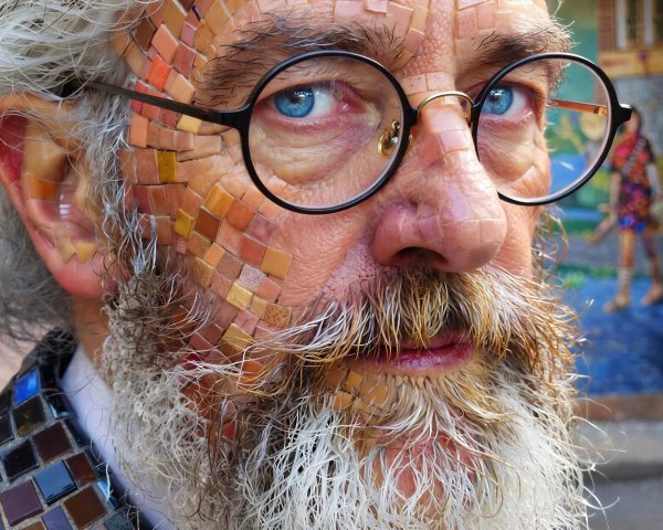 Close-Up Portrait of Older Man with Mosaic Tiles