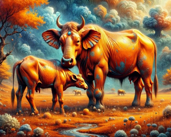 Surreal Landscape with Colorful Cows and Autumn Foliage