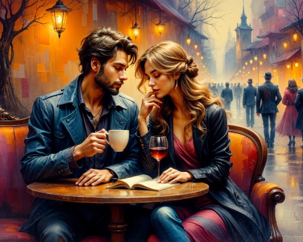 Café Scene with Couple in Romantic Atmosphere