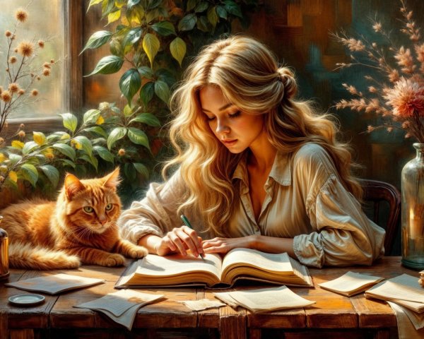 Cozy Room with Woman Writing and Cat Watching