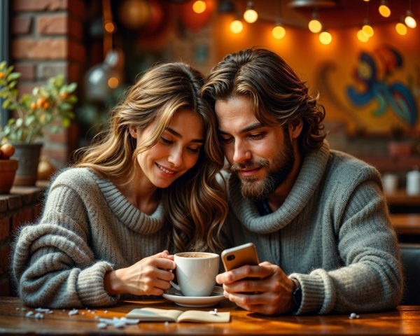 Cozy café scene with a couple in matching sweaters
