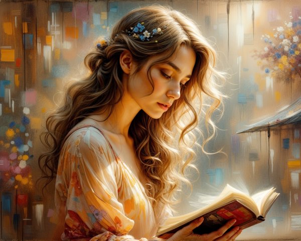 Young Woman Reading in a Floral and Colorful Setting