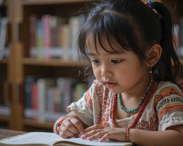 Young girl reading in a cozy library setting
