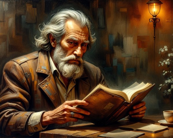 Elderly man reading at a wooden table in warm light