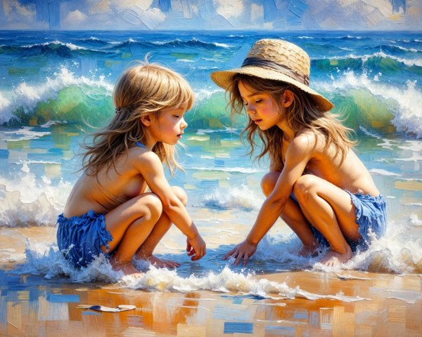 Children Playing at the Beach in Denim Shorts