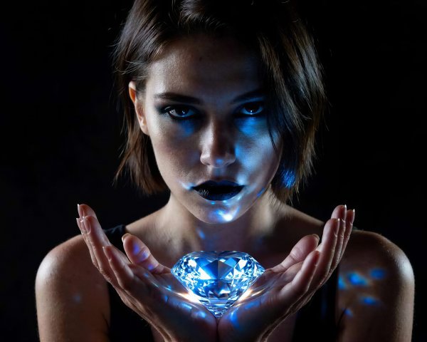 Dark-haired woman with blue diamond in dark setting