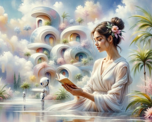Dreamlike Landscape with Woman, Water, and Robots