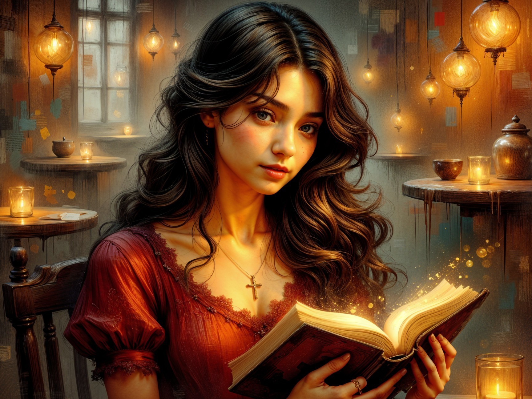 Cozy Room with Young Woman Reading by Candlelight