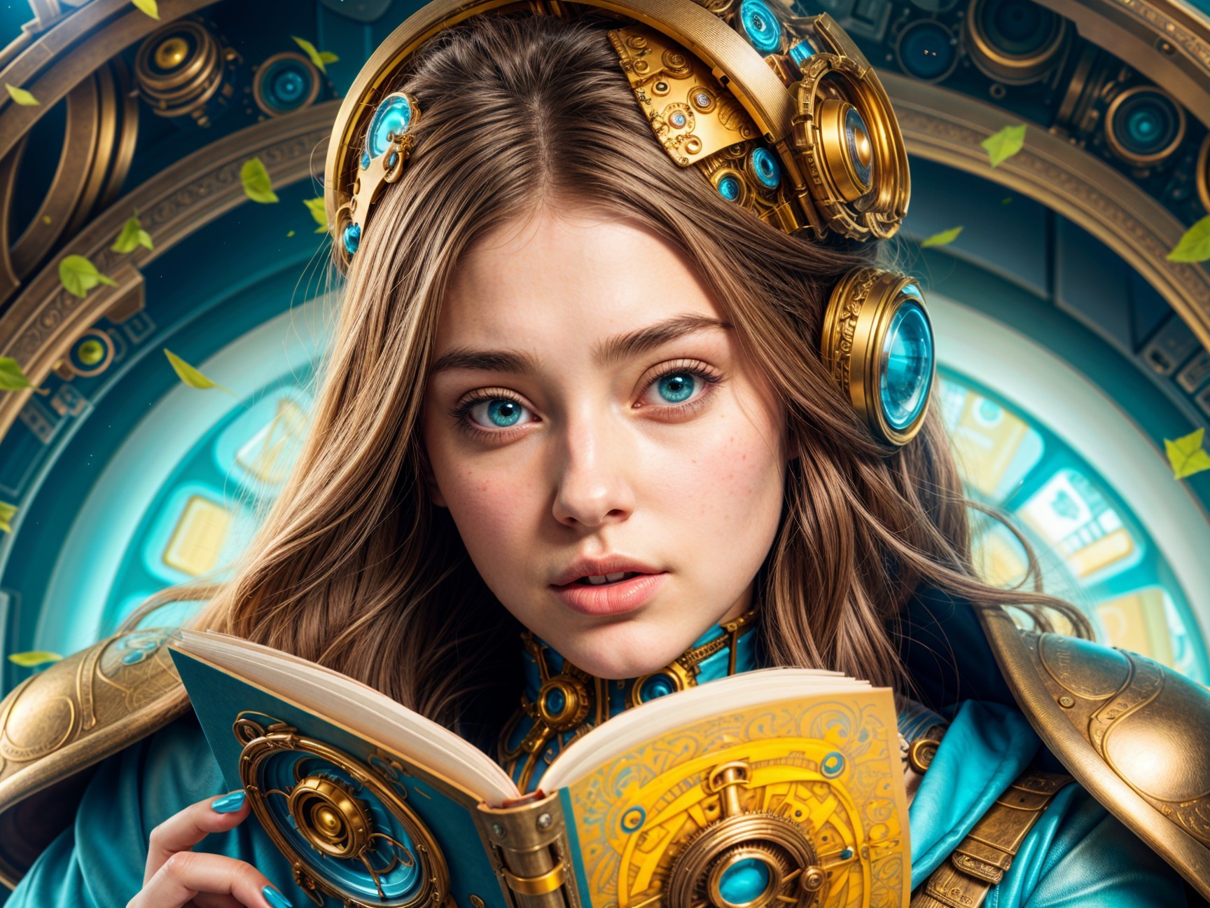 Young woman in futuristic outfit with ornate book