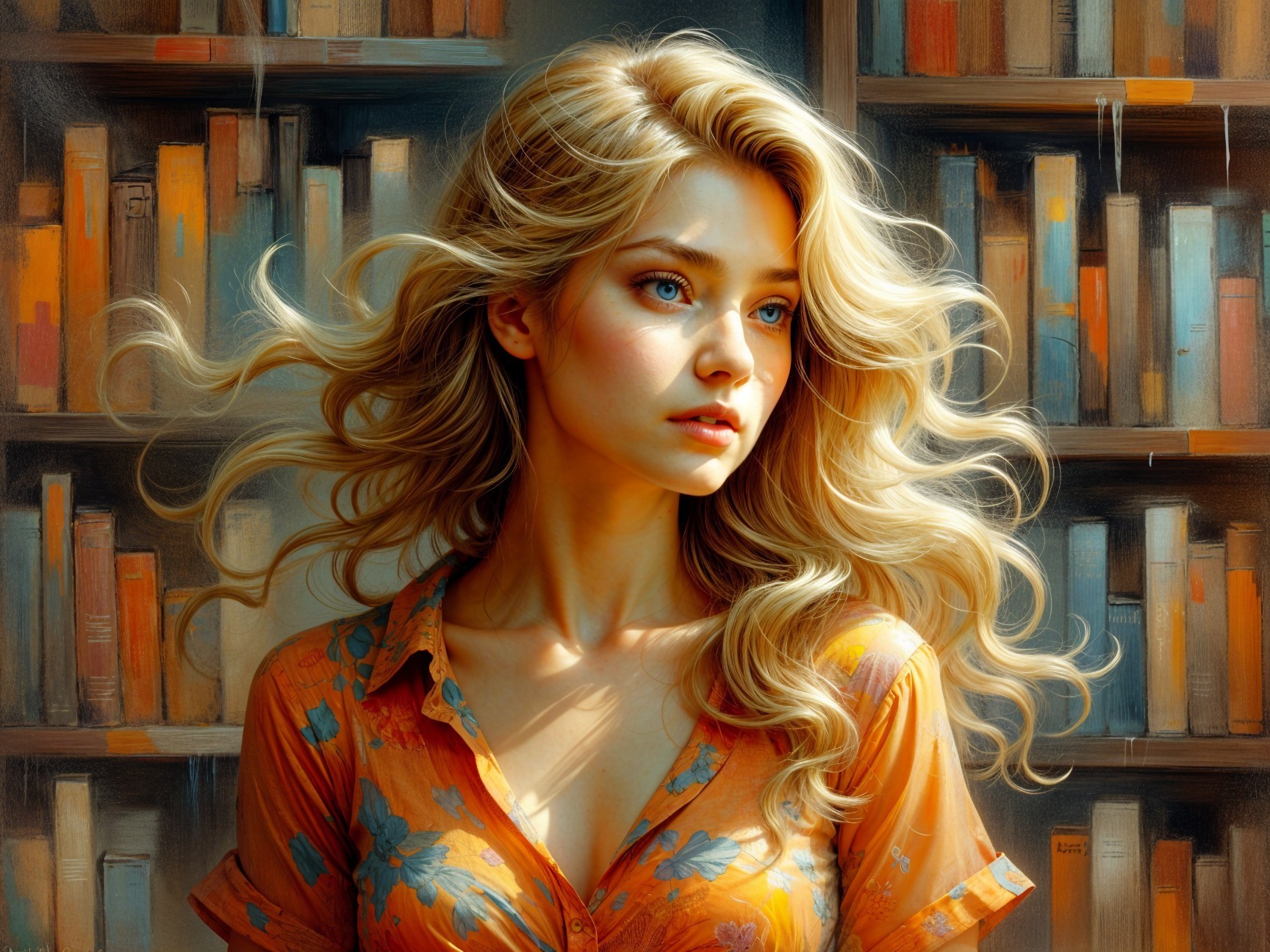 Young woman in orange shirt in a library setting