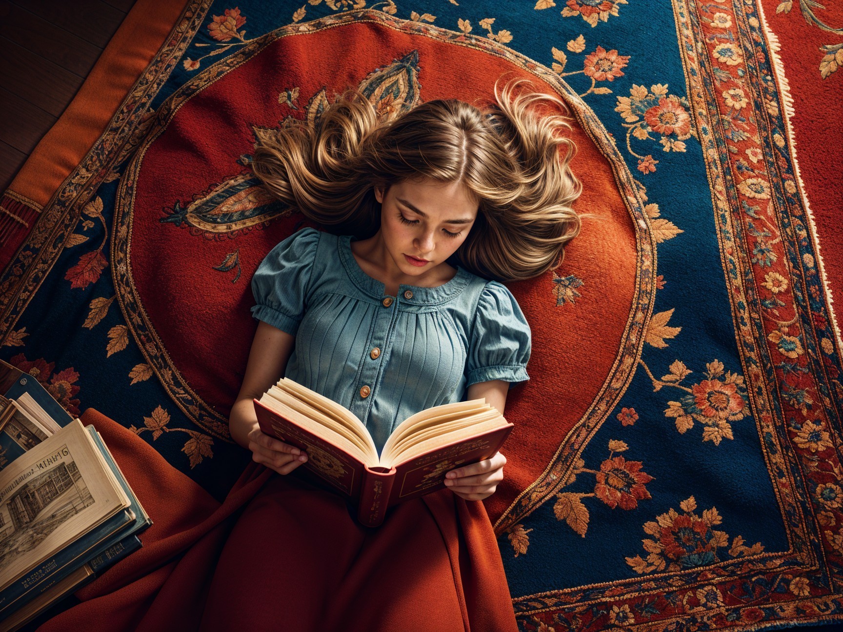 Young girl reading on a colorful patterned rug