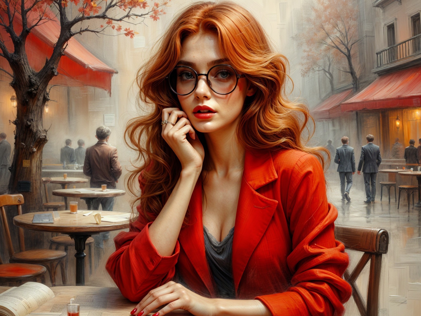 Young Woman in Red Blazer at Café Table in Autumn