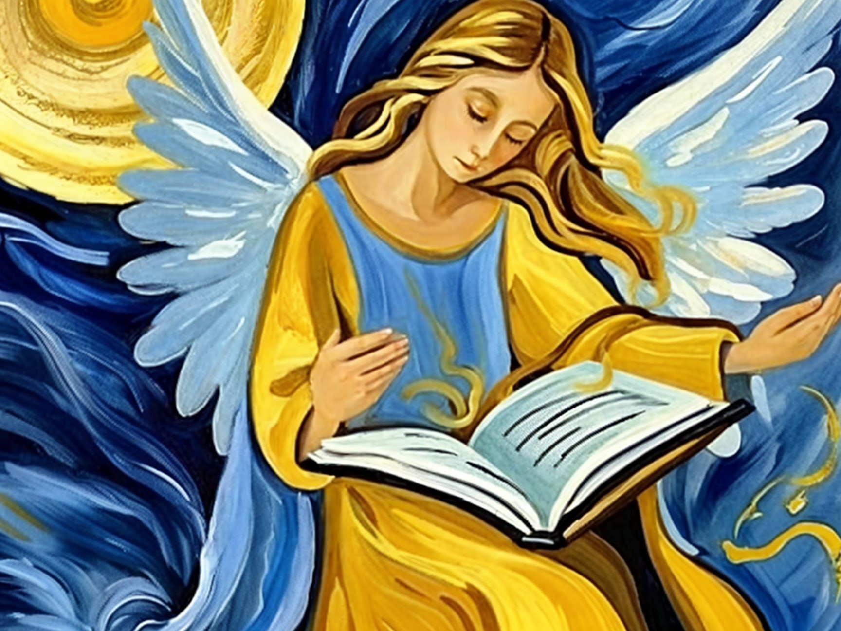 Serene angel with golden robe and open book in celestial scene