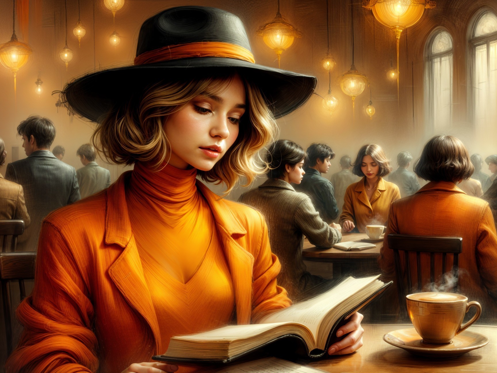 Cozy café scene with a woman reading a book