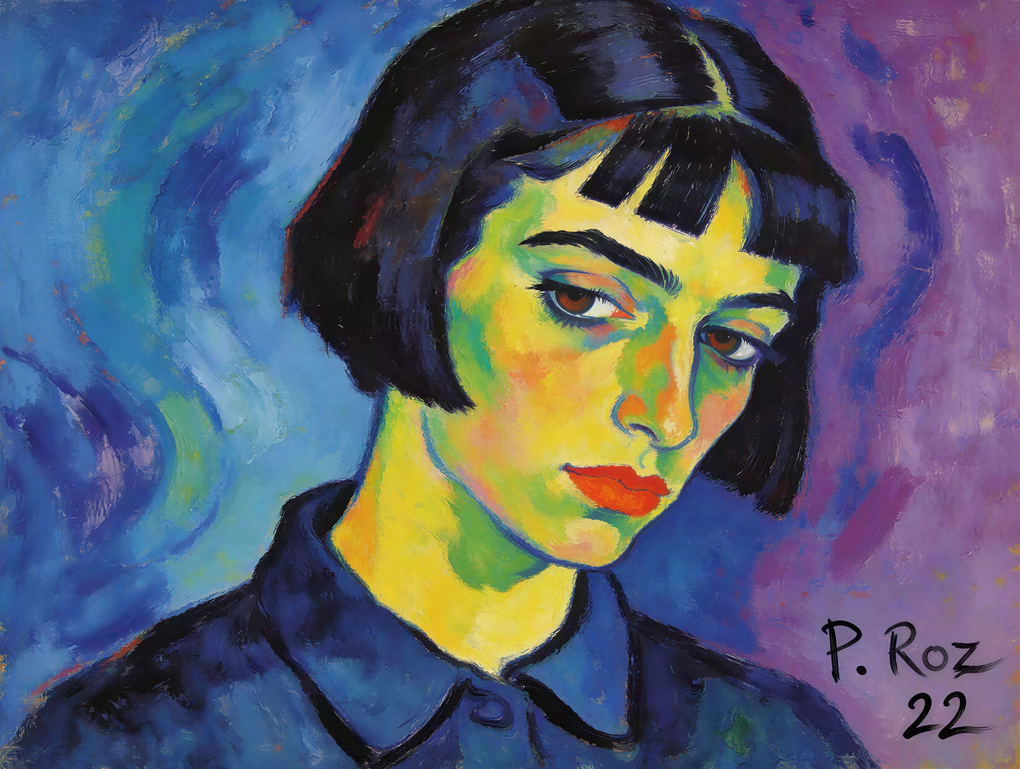 Vibrant Expressionist Painting of a Woman with Colorful Background