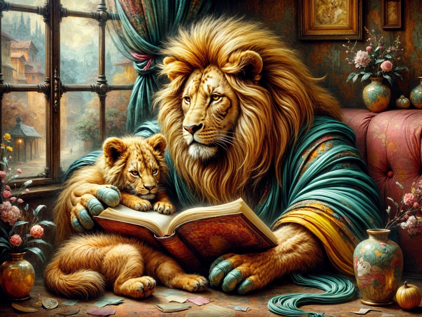 Lion and Cub Reading Together in Cozy Room