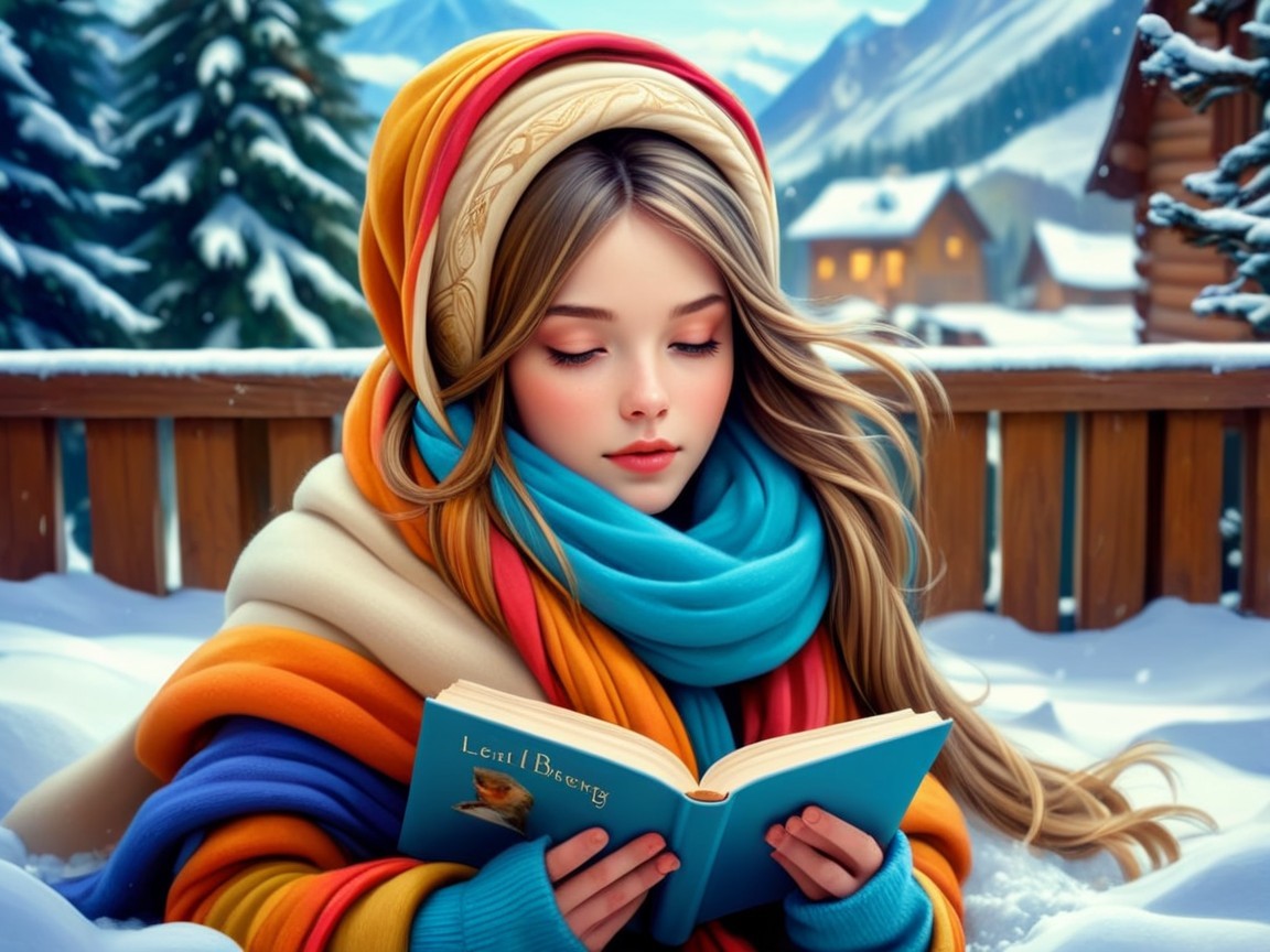 Young woman reading in a snowy winter landscape