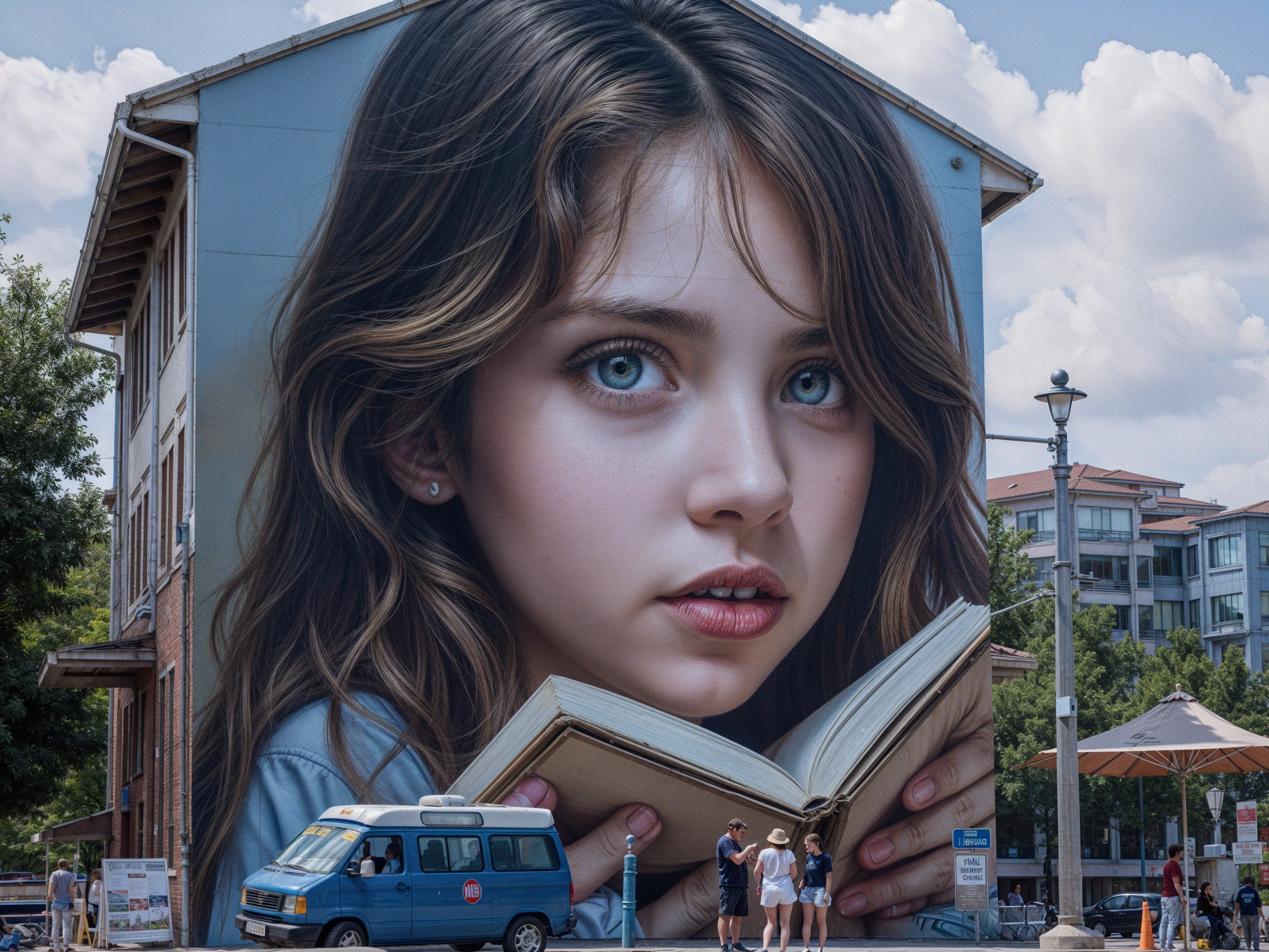 Mural of a girl with blue eyes and oversized book