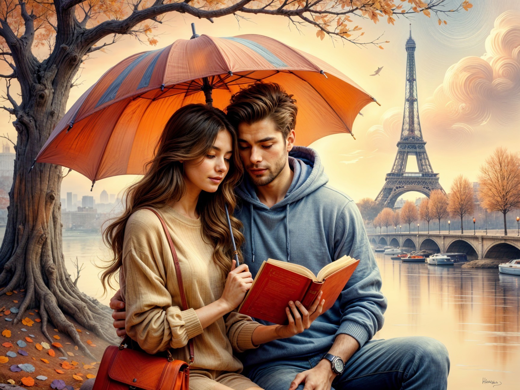 Couple Reading Under Umbrella by Seine River in Autumn