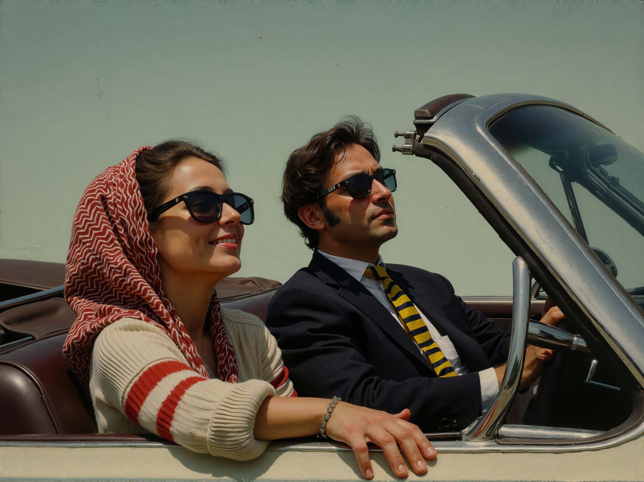 Vintage Convertible Car with Two People Under Clear Sky