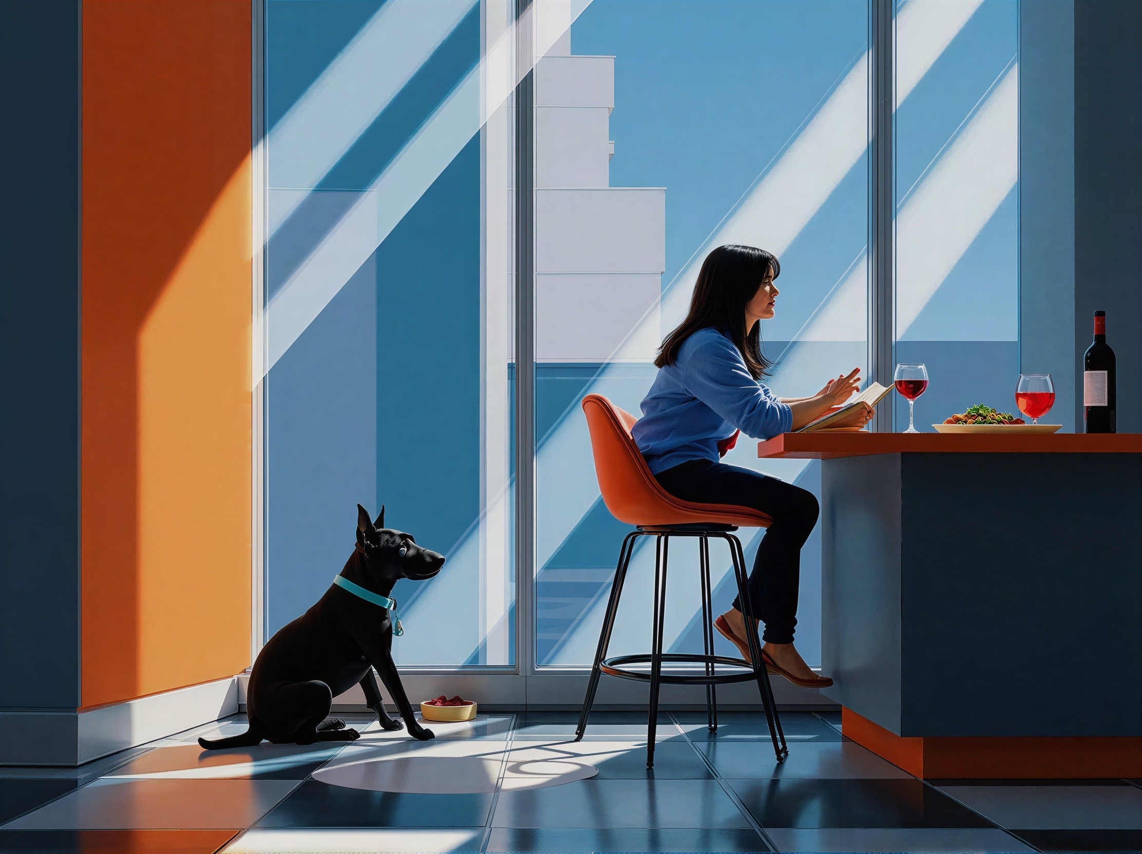 Black Dog on Tiled Floor with Woman at Orange Bar