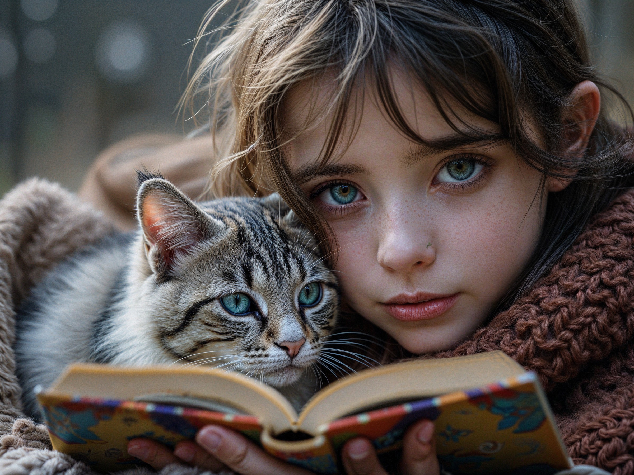Young girl with blue eyes cuddles tabby cat while reading