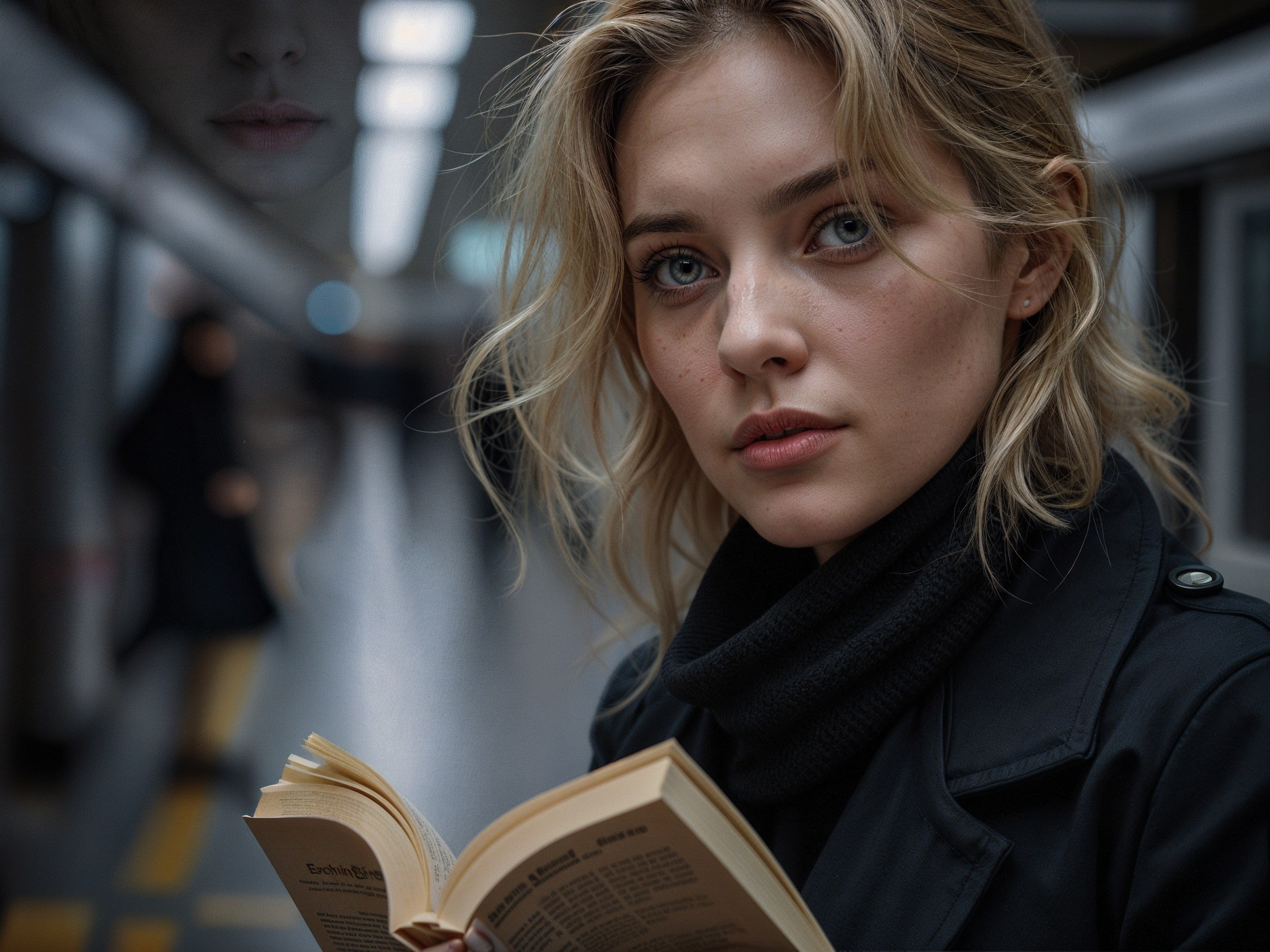 Young woman reading in dim subway station setting