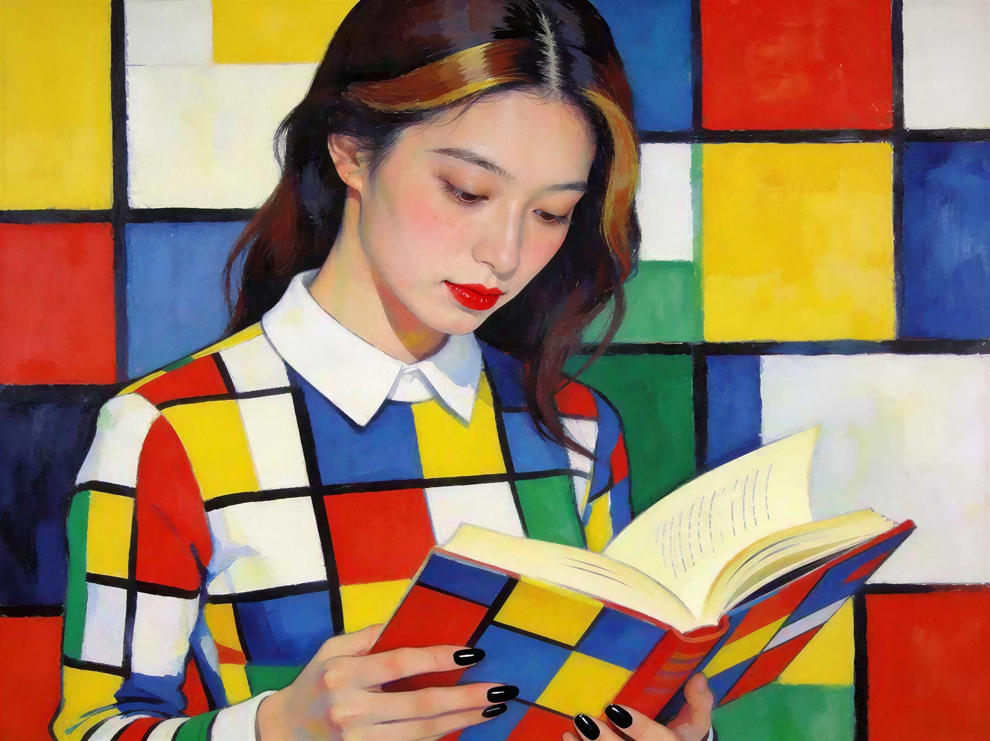 Stylish East Asian Woman Reading with Geometric Background