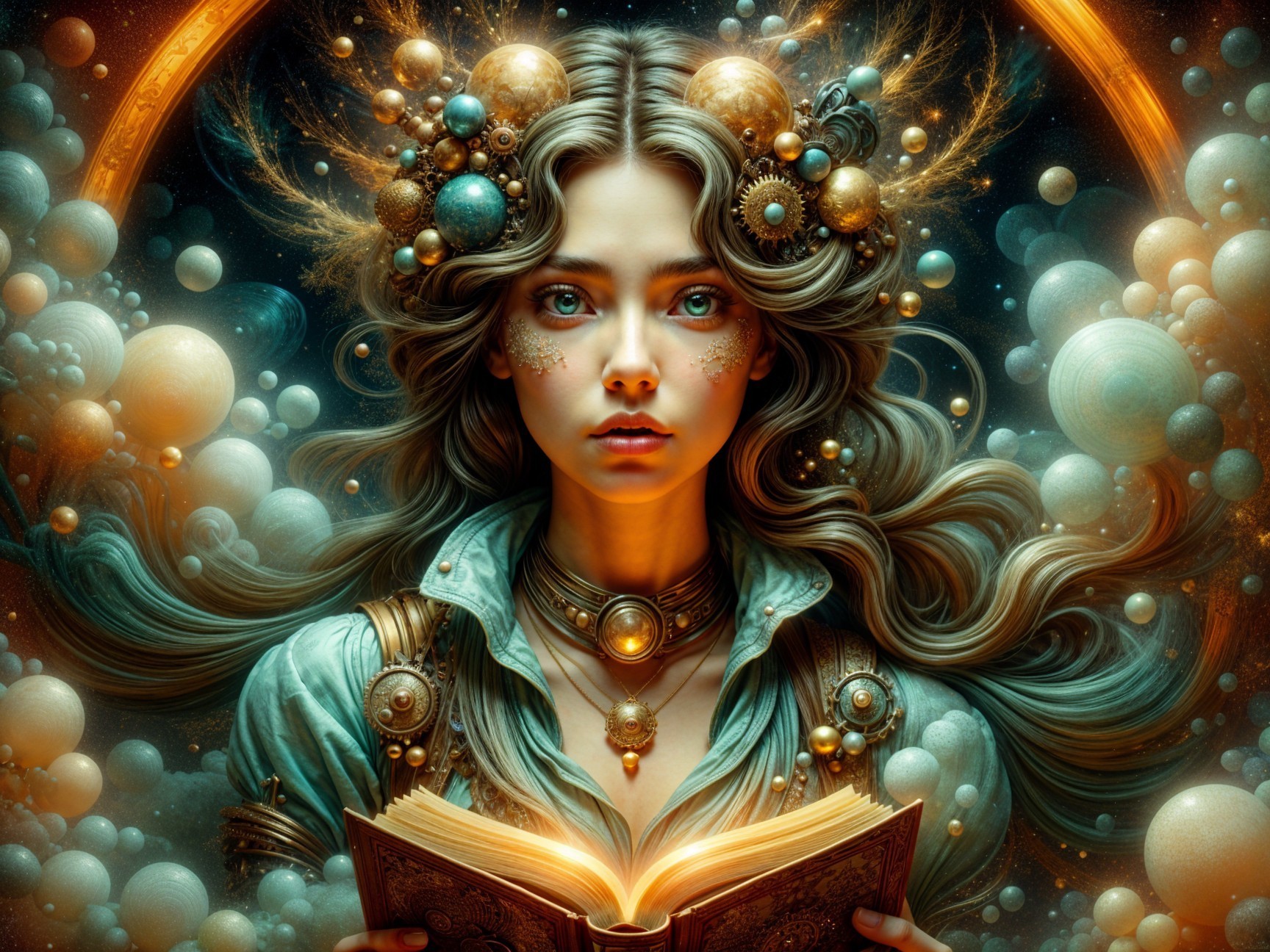 Mystical Young Woman with Celestial Orbs and Book