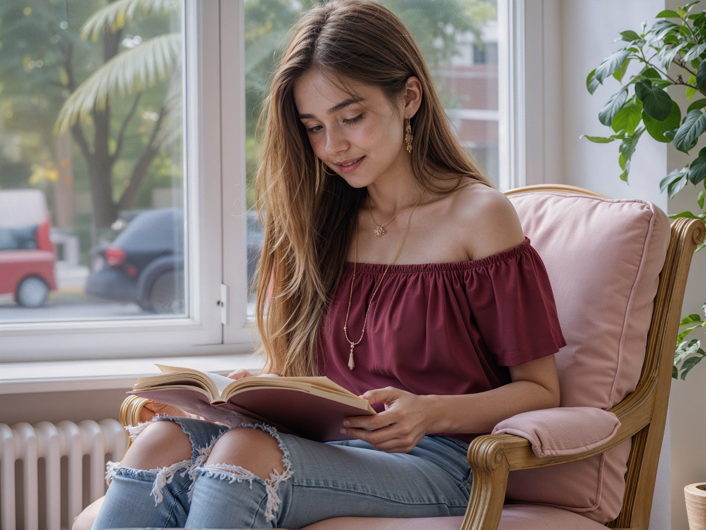 Young woman reading in a cozy chair by a window