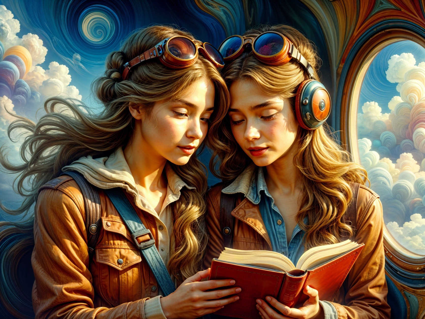 Young women with vintage goggles reading in dreamy sky