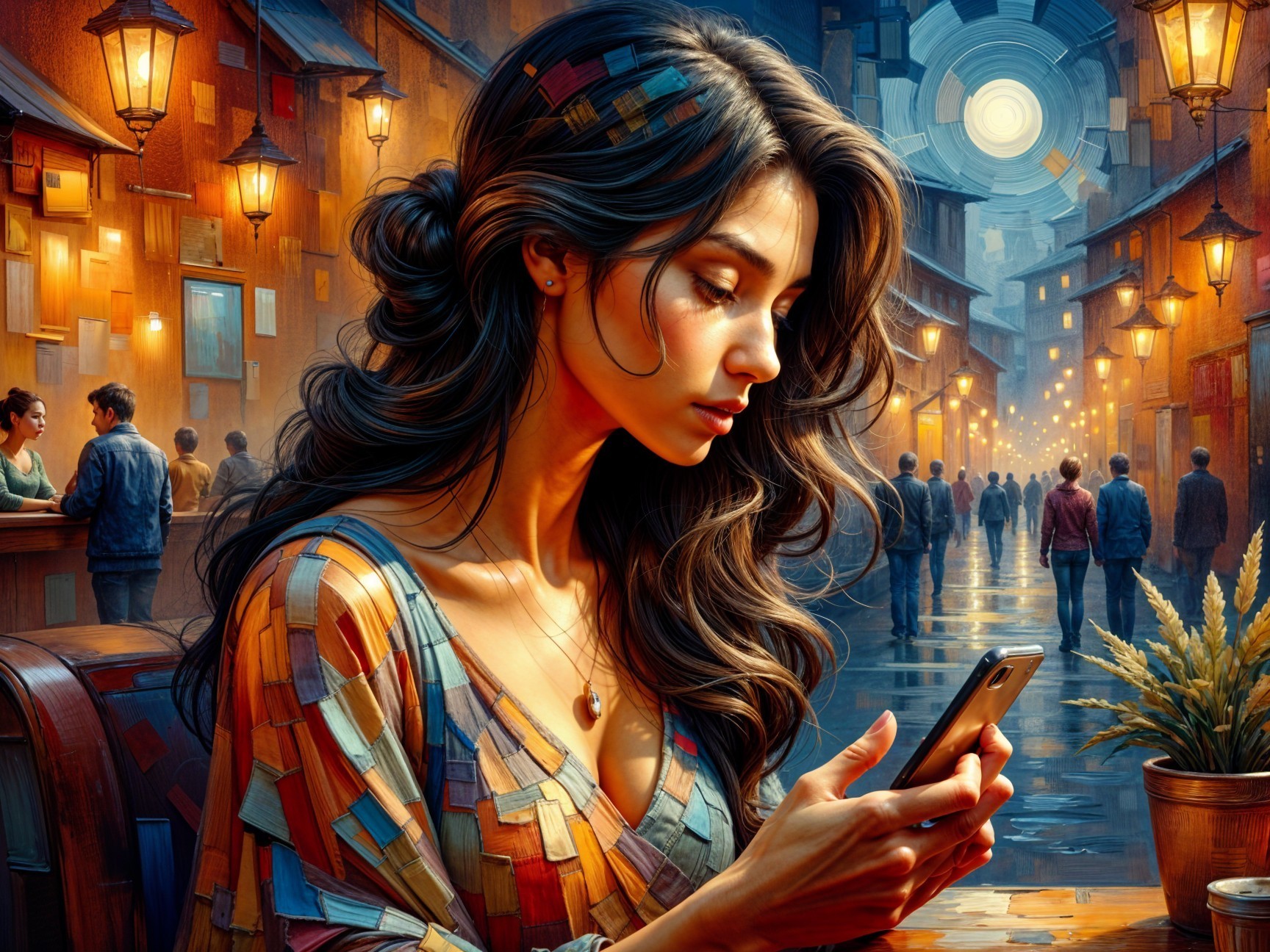 Young Woman with Smartphone in Vibrant Street Scene