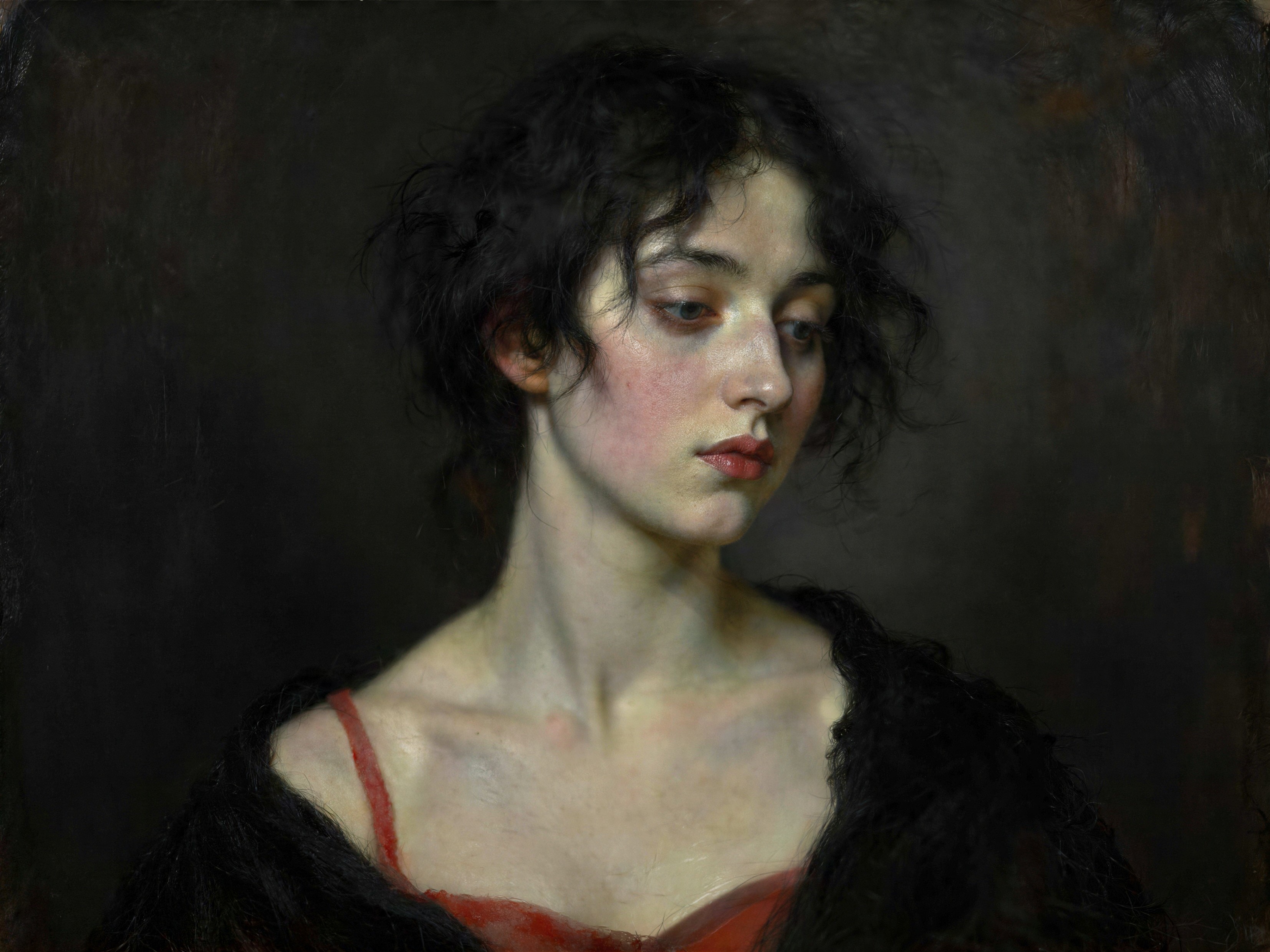 High-detail oil painting of a melancholic young woman