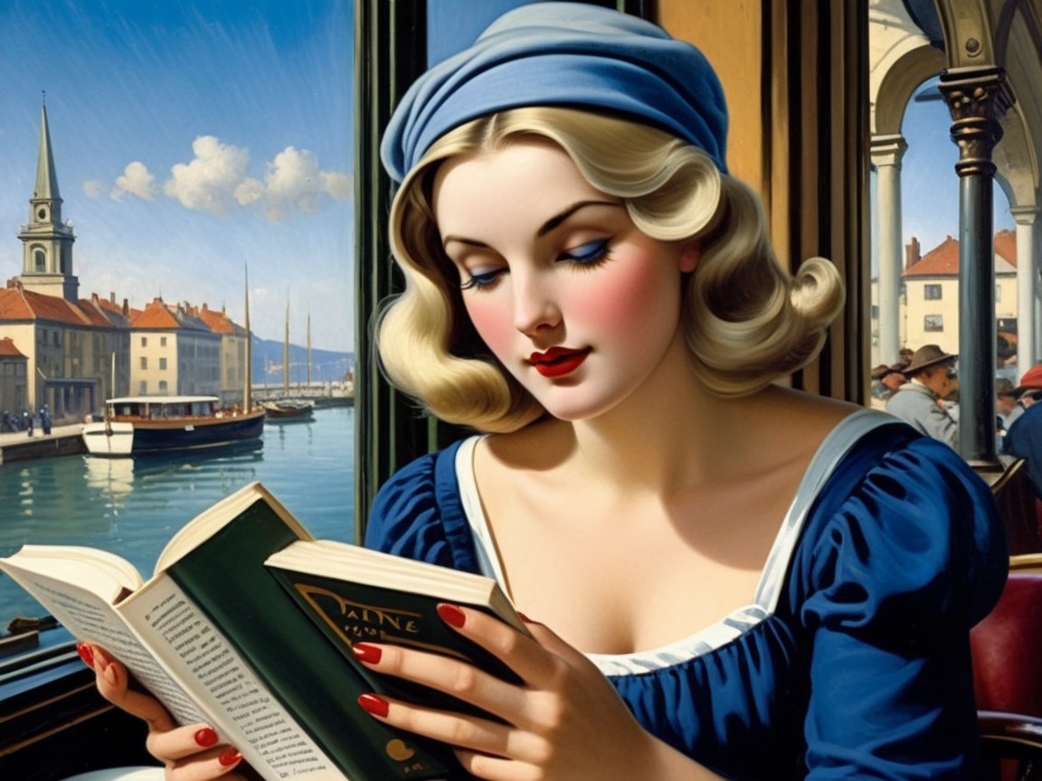 Young Woman Reading by a Window with Waterfront View