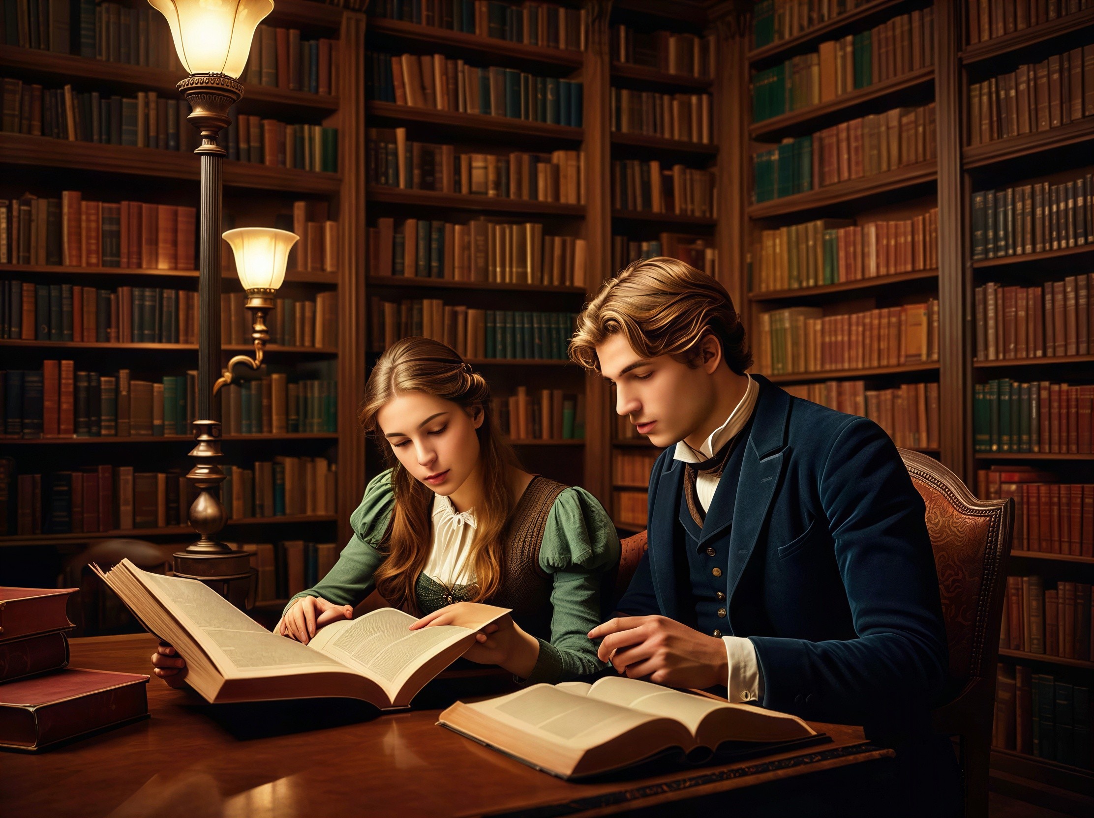 Young Woman and Man Reading in a Library Setting