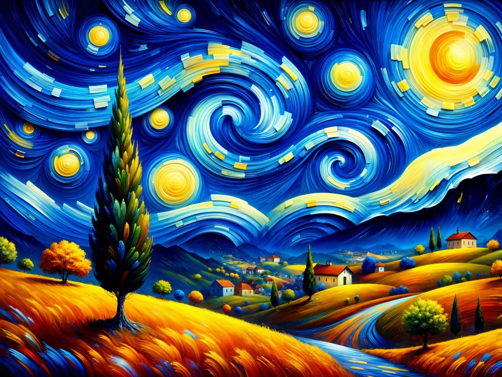 Vibrant Landscape with Swirling Night Sky and Moon