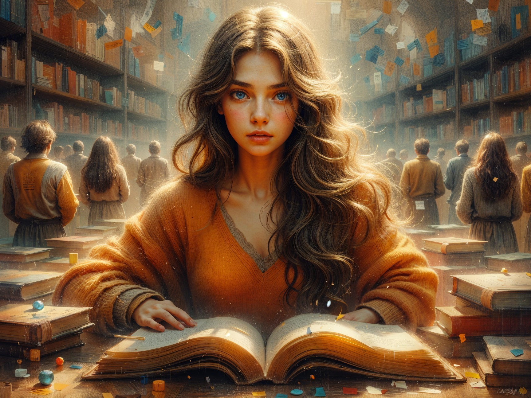 Young Woman Studying in Grand Library Setting