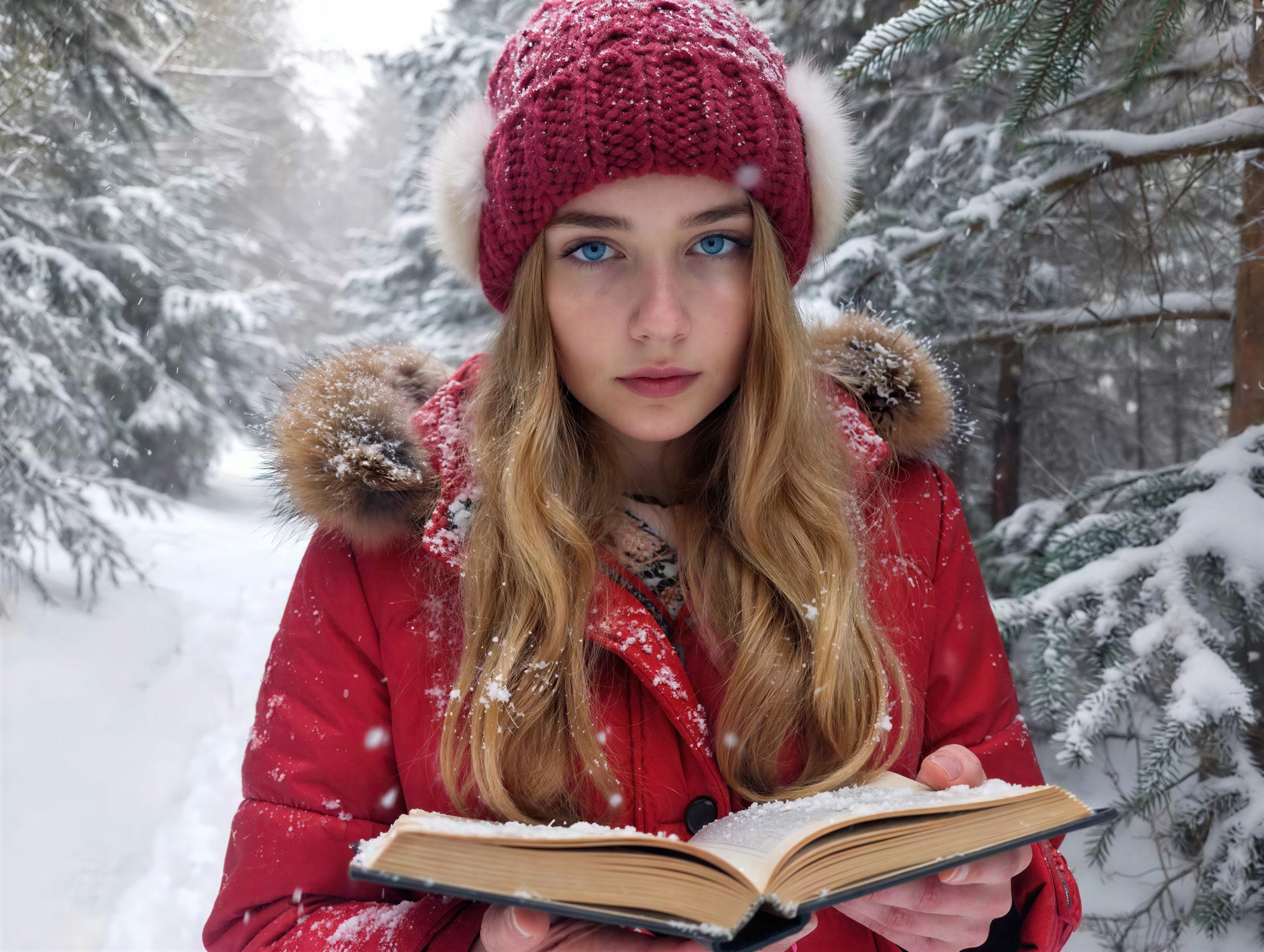 Young Woman in Snowy Forest with Open Book